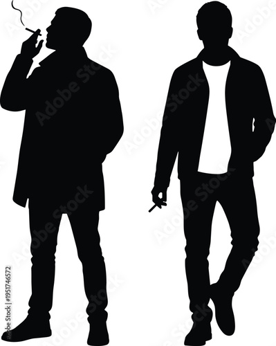 Black silhouette of men standing and walking while smoking cigarettes representing urban lifestyle, bad habits, cinematic noir style, and masculinity