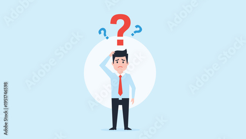 Concerned businessman scratching his head while surrounded by red and blue question marks depicting confusion or uncertainty in a project.
