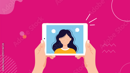 Person holding a white digital tablet featuring a live video call with a woman on a vibrant pink and purple abstract background.
