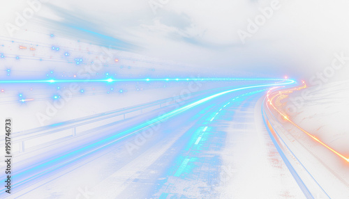 Abstract motion of moving lights creates a blurred night traffic perspective on a fast city highway road landscape isolated on white background