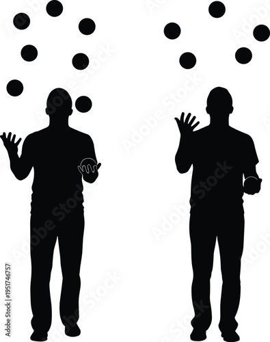 Black silhouette of two professional jugglers performing complex ball juggling acts representing multitasking, skill, balance, coordination, and business management concepts