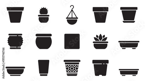 Variety of black plant pots and planters, vector illustrations featuring different styles for home and garden use