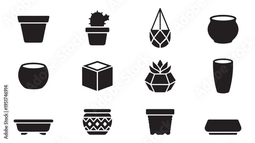 Minimalist plant pot icons collection featuring various garden container silhouettes for modern home decor set