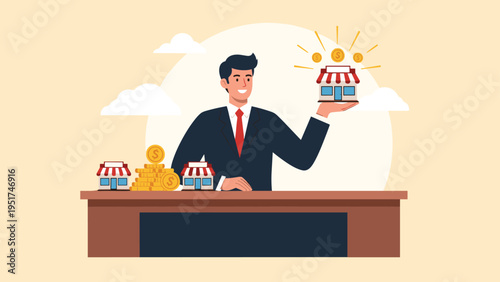 Smiling businessman presenting a small shop model with gold coins symbolizing a successful franchise or retail business opportunity.