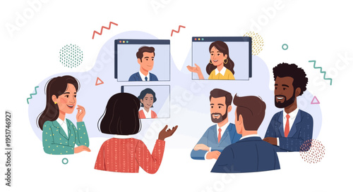 Diverse hybrid workforce collaborating via video conference to drive global business growth and digital transformation