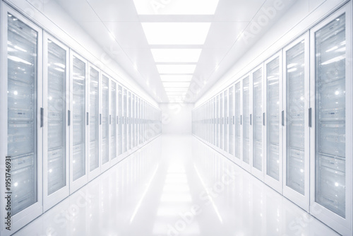 Modern data center with rows of white server cabinets