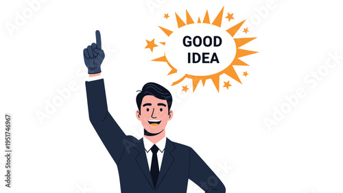 Happy businessman in a dark suit pointing upwards with a gloved hand next to a bright explosion bubble that says good idea.