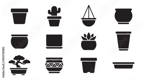 Black silhouette plant pot icons including bonsai trees and hanging baskets for garden design element resource
