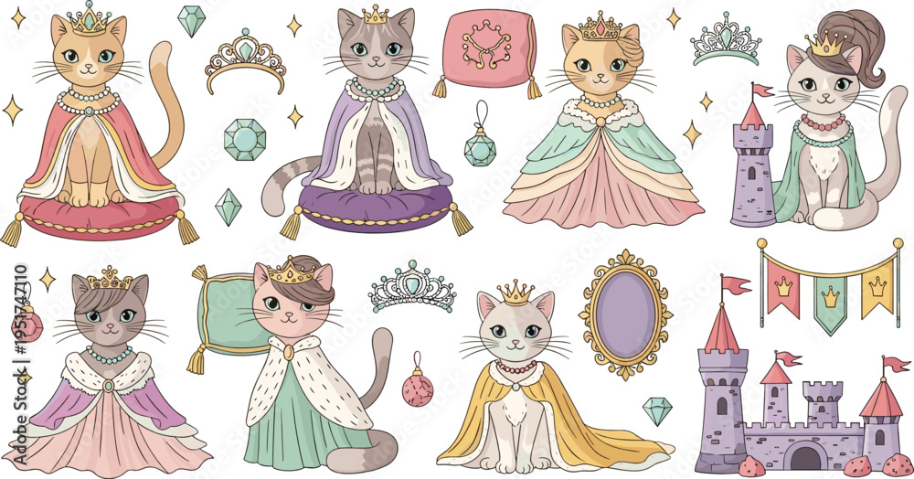 Obraz premium Cute princess cats wearing royal crowns and dresses fairy tale characters with castle magical cartoon vector illustration set