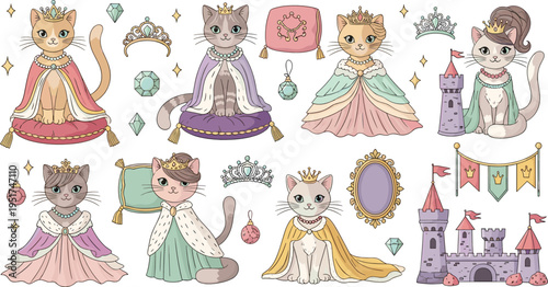 Cute princess cats wearing royal crowns and dresses fairy tale characters with castle magical cartoon vector illustration set