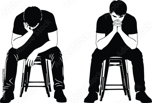 Depressed young man sitting on stool in silhouette style representing mental health struggle, anxiety, sadness, loneliness, grief, and contemplative deep thought