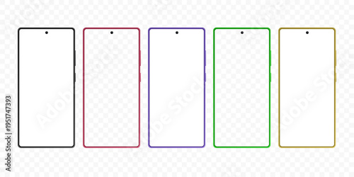 Smartphone Frame Mockup Set with Camera Hole. Modern Mobile Phone Screen Templates in Multiple Colors Isolated on Transparent Background Vector Illustration