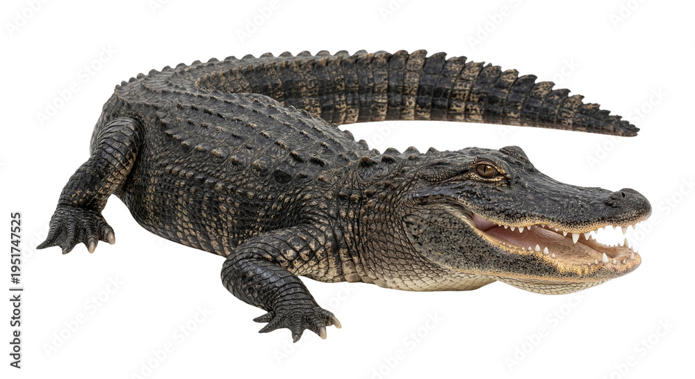 Obraz premium Alligator with open mouth, isolated on white background, reptilian predator