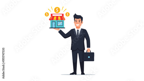 Professional businessman in a dark suit holding a small shop model with gold coins floating above it on a clean white background.