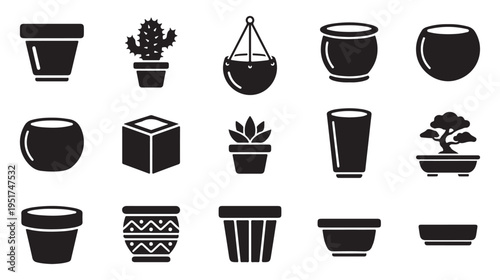 Set of black and white icons showcasing diverse plant pots and planters for home gardening