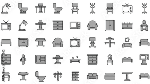 Comprehensive collection of home furniture and interior design icons in a simple gray flat style on a white background for catalogs.