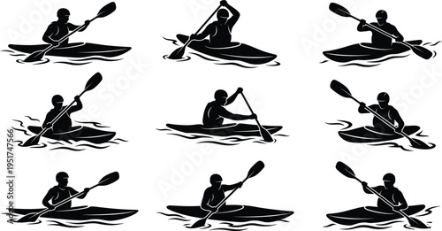 Dynamic black silhouette illustrations of kayakers paddling in various positions on stylized waves, showcasing water sports activity