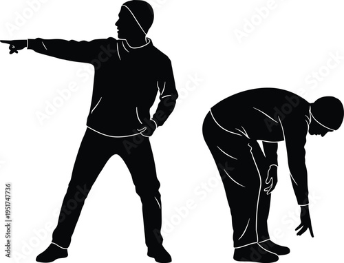 Two silhouettes of young man in beanie pointing away and leaning down to pick up something on white isolated background