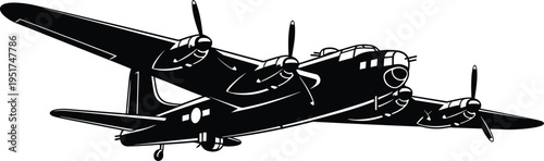 Black and white vector illustration of a vintage World War II heavy bomber plane, military aircraft flying, isolated on white.