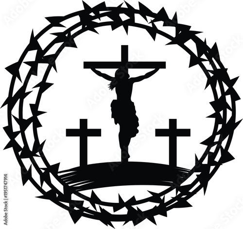 A symbolic representation of the crucifixion of Jesus Christ with three crosses and a crown of thorns