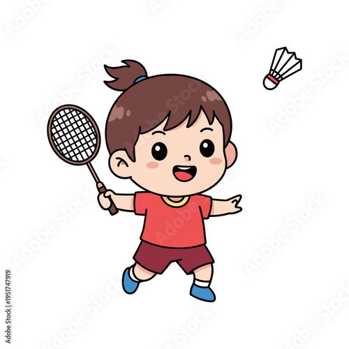 cute child playing badminton with shuttlecock vector illustration