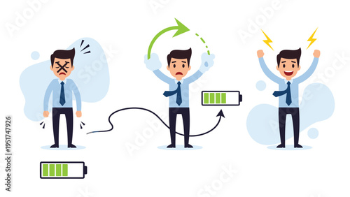 Illustration showing a man in three stages of physical energy from exhausted to fully charged with green battery indicators.