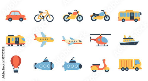 Various vehicles are shown in colorful illustrations including cars and bikes on road