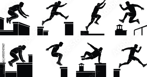 Dynamic black silhouettes of athletes performing parkour jumps, vaults, and landings showcasing agility, strength, and urban movement skills