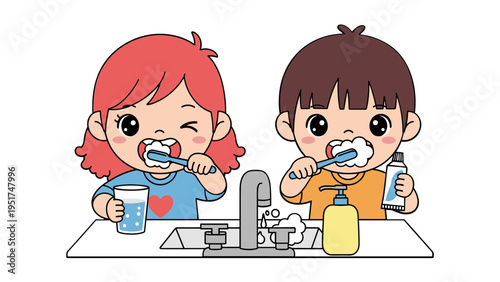 children brushing teeth together morning routine flat design vector illustration