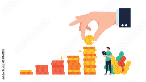 Large hand adding a gold coin to the tallest stack of coins next to a small businessman recording the financial growth for his company.