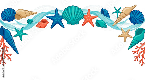 Nautical shell and starfish border illustration, transparent background