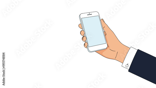 Hand of a person in a suit holding a white smartphone with a blank screen for digital content and mobile application display.