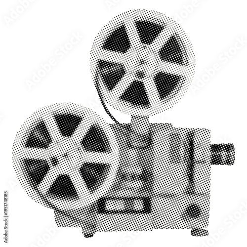 classic film projector with two film reels isolated retro halftone grunge dotted texture cut-out collage element for mixed media design cinema movie history camera filmmaking equipment