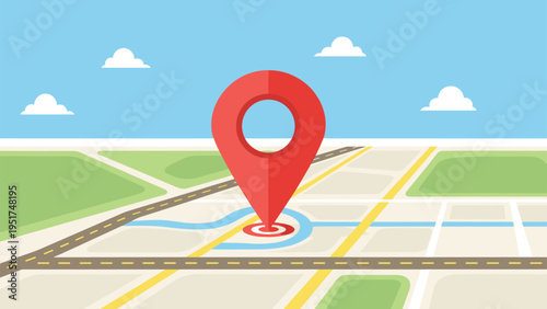 Large red location pin marking a specific destination on a 3D street map with roads and greenery under a clear blue sky.