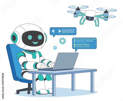 AI Robot Coding on Laptop Controlling Drone Automation System