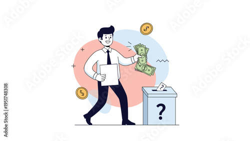 Successful businessman holding cash and a white document while standing next to a mystery box with a red question mark on it.