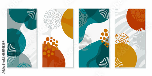 Abstract geometric shapes in teal orange and gray triptych wall art