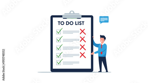 Smiling man in a suit standing next to a large to-do list with green checkmarks and red crosses for efficient task tracking.