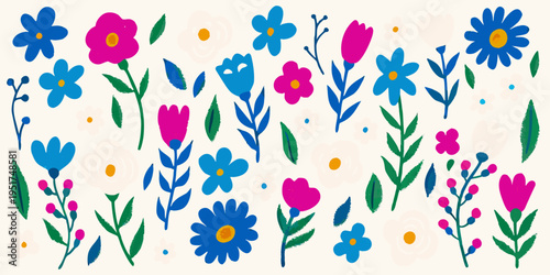 Colorful and playful floral pattern with stylized blooms and leaves