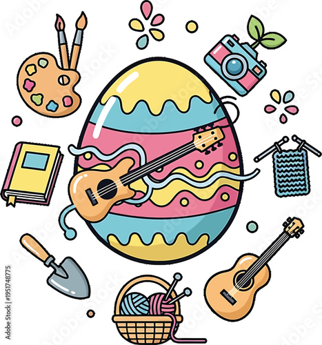Creative Easter Illustration  Decorated Egg Surrounded by Hobbies Including Painting, Photography, Reading, Gardening, Knitting, and Music