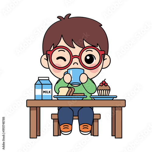 cute boy drinking milk with muffin at breakfast table flat design vector illustration