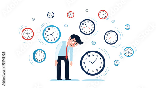 Stressed office worker looking down in exhaustion while surrounded by several floating clocks representing intense time pressure.