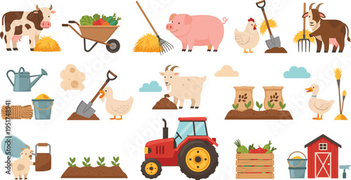 Farm agriculture elements with animals tractor tools crops and barn countryside cartoon vector illustration set