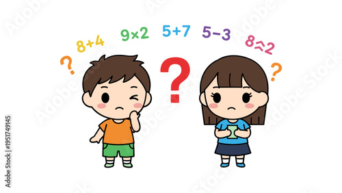 children solving math problems with question marks vector illustration