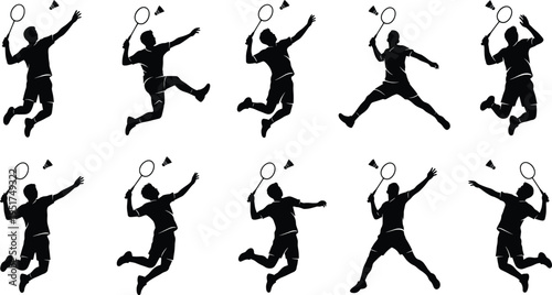 Dynamic silhouettes of badminton players in action, showcasing athletic movement, shuttlecock shots, and competitive sports energy