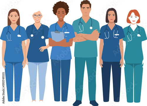 Diverse medical team of doctors and nurses in blue scrubs with stethoscopes standing together for healthcare and hospital teamwork illustration.