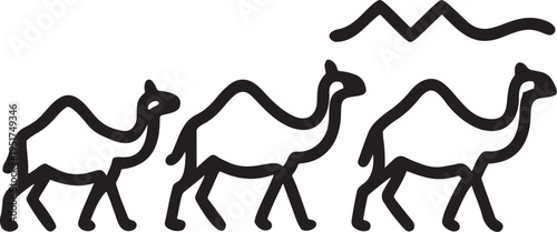 A minimalist black and white vector illustration depicts a wild camel silhouette roaming the desert nature, isolated as a graphic art drawing of a majestic mammal in the wildlife