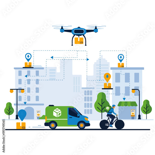Last Mile Delivery Urban Logistics Flat Vector Illustration