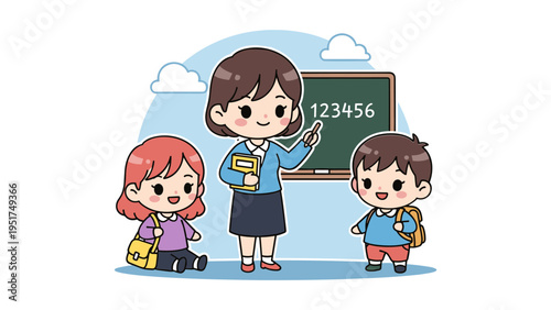 teacher explaining math to elementary students in classroom flat design vector illustration