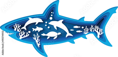 Creative 3D paper cut style shark silhouette vector with layered ocean waves coral reef and sea life underwater scene illustration.